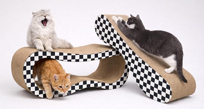 2 in 1 Large Cardboard Cat Scratcher Lounger, Cat Scratching Board for Indoor Cats, 100% Recyclable & Reversible Horizontal Scratching Pads Prevents Furniture Damage, Checkerboard