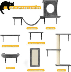 12-in-1 Cat Wall Shelves, Luxury Wall-Mounted Cat Climber Set | with Condos House, Scratching Post, Bridge Ladder, Indoor Space-Saving Furniture for Kittens, Dark Gray