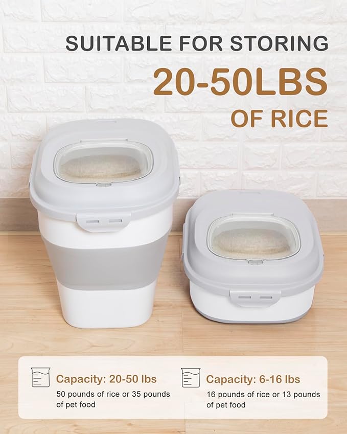 20-50 Lbs Airtight Food Storage Container Wheels,Collapsible Rice Container | Flour Storage Container with Double Airtight Seal,Rice Storage Container with Magnetic Lid,Keep Fresh for Pet Food,Rice,Flour