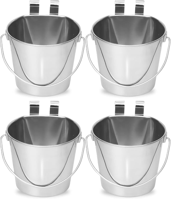 2 Quart Stainless Steel Flat Sided Bucket with Dual Hooks | 4 Pcs Durable Food & Water Bowl for Dog Cats Bird & Small Animals | Fits kennel Cage Crates Hanging Pet Pail | Multipurpose use