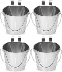 2 Quart Stainless Steel Flat Sided Bucket with Dual Hooks | 4 Pcs Durable Food & Water Bowl for Dog Cats Bird & Small Animals | Fits kennel Cage Crates Hanging Pet Pail | Multipurpose use