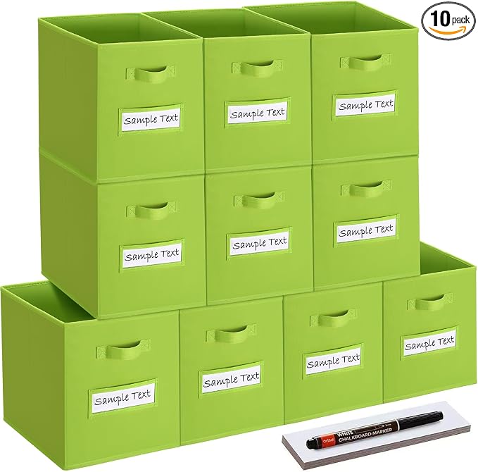 11x11 storage cube bins (Set of 10) Foldable Fabric storage cubes with 10 Labels Window Cards & a Pen,11 inch cube storage bin,Closet Organizers for Shelves,Cubby Organizer Boxes,lime green