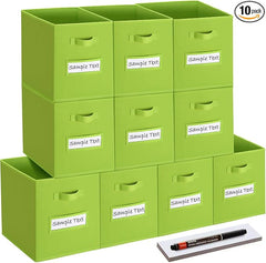 11x11 storage cube bins (Set of 10) Foldable Fabric storage cubes with 10 Labels Window Cards & a Pen,11 inch cube storage bin,Closet Organizers for Shelves,Cubby Organizer Boxes,lime green