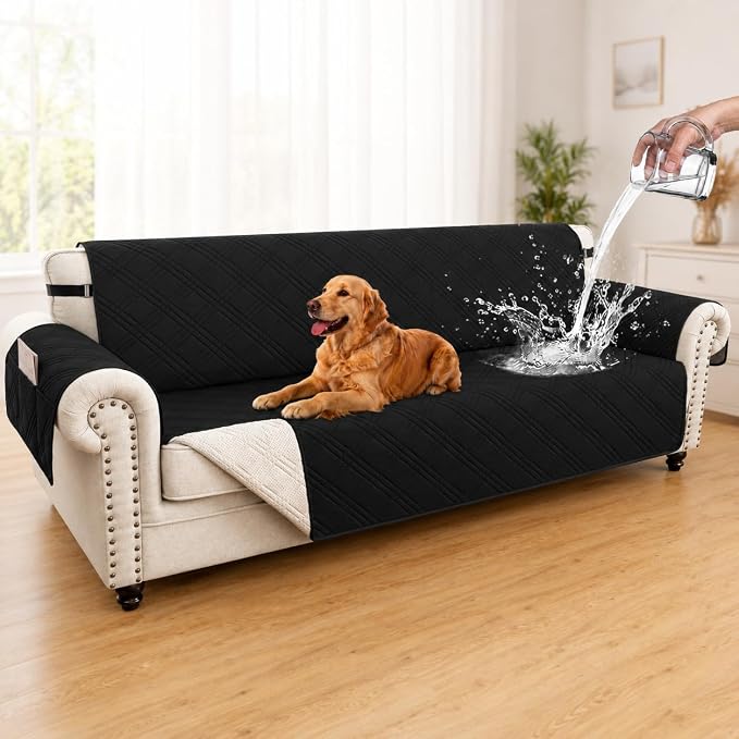 100% Waterproof Couch Cover for Dogs, Washable Anti-Slip Sofa Cover with Elastic Straps & Side Pockets, Quilted Furniture Protector for Kids & Pets (Oversize Sofa 78", Black)