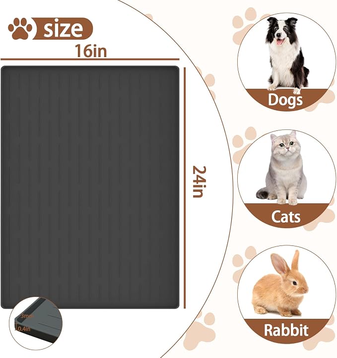 24"x16" Large Dog Food Mat, Silicone Dog and Cat Mats for Food and Water Bowls, Waterproof Raised Edge Pet Feeding Mat for Contain Spills Protects Floors, Multiple Colors & Sizes for Pets, Dark Gray