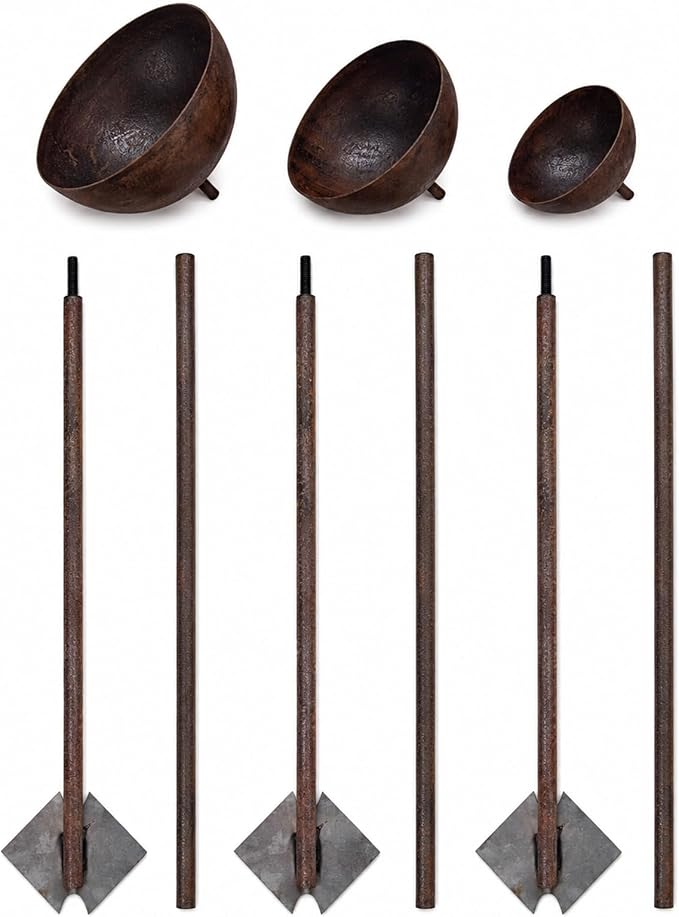 3 Pack Rustic Metal Bird Bath Stake Set for Outdoors, Garden Bird Bath Bowls with Ground Stakes, Bird Feeder Rain Catcher Wildlife Water Station for Birds, Bees & Butterflies
