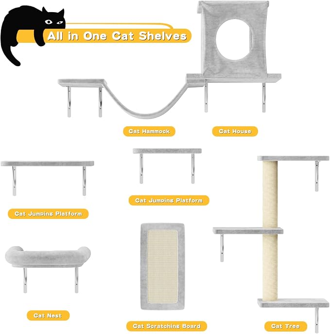 12-in-1 Cat Wall Shelves, Luxury Wall-Mounted Cat Climber Set | with Condos House, Scratching Post, Bridge Ladder, Indoor Space-Saving Furniture for Kittens .Gray