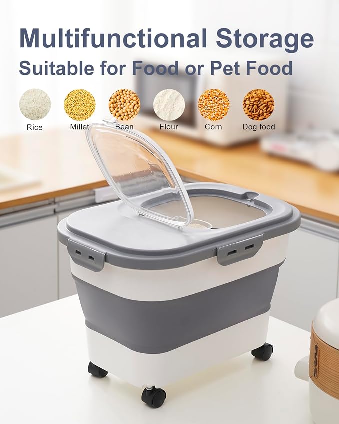 20-30 Lbs Rice Storage Container,Collapsible Food Storage Containers | Flour Storage Container with Wheels Airtight Locking Lid,Rice Container with Cup and Scoop,Suitable for Rice,Pet Food,Flour