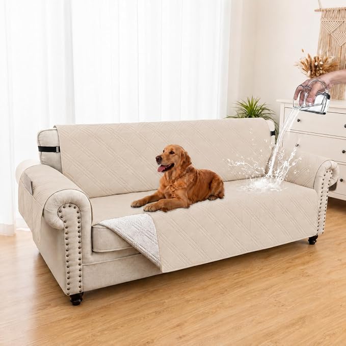 100% Waterproof Couch Cover for Dogs, Washable Anti-Slip Sofa Cover with Elastic Straps & Side Pockets, Quilted Furniture Protector for Kids & Pets (Oversize Sofa 78", Beige)