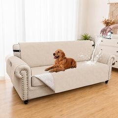 100% Waterproof Couch Cover for Dogs, Washable Anti-Slip Sofa Cover with Elastic Straps & Side Pockets, Quilted Furniture Protector for Kids & Pets (Oversize Sofa 78", Beige)