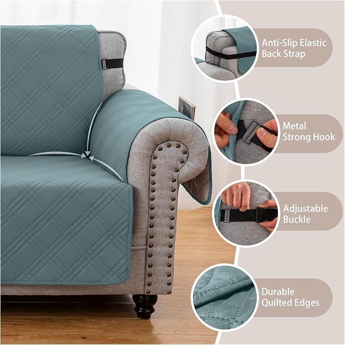 100% Waterproof Couch Cover for Dogs, Anti-Slip Washable Sofa Cover with Elastic Straps & Side Pockets, Durable Furniture Protector for Kids & Pets (Loveseat 46", Grayishblue)