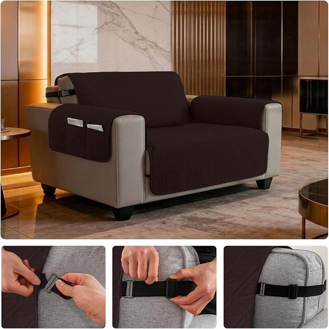 100% Waterproof Quilted Couch Cover,Straps&Pockets,46" Chocolate | Washable sofa cover, pet-friendly, scratch-resistant furniture protector, quilted sofa cover, reversible, non-slip backing.