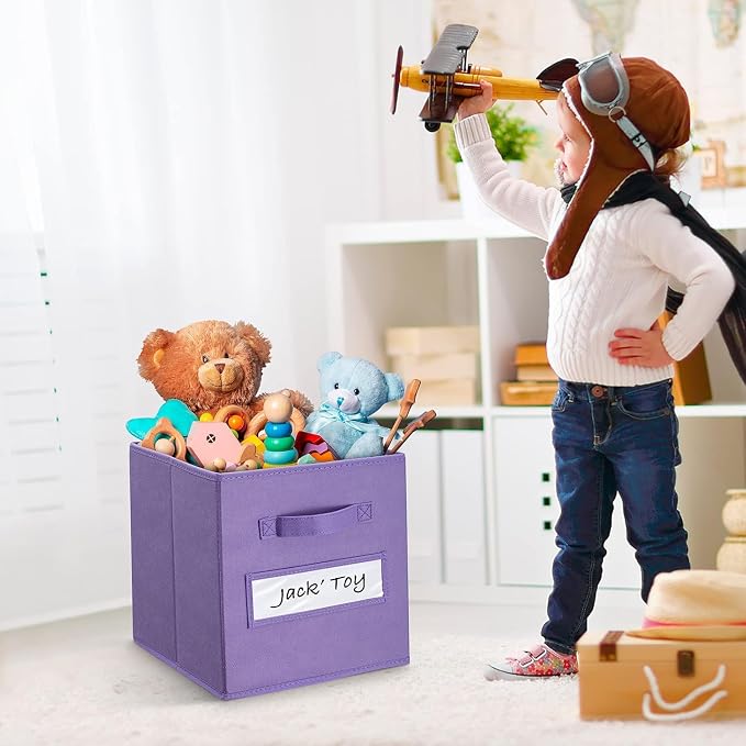 13x13x13 storage cube bins (Set of 10) Fabric storage cubes with 10 Labels Window Cards & a Pen, storage cubes 13x13, Collapsible 13 inch cube storage bins, Cubby Organizer Boxes, Purple
