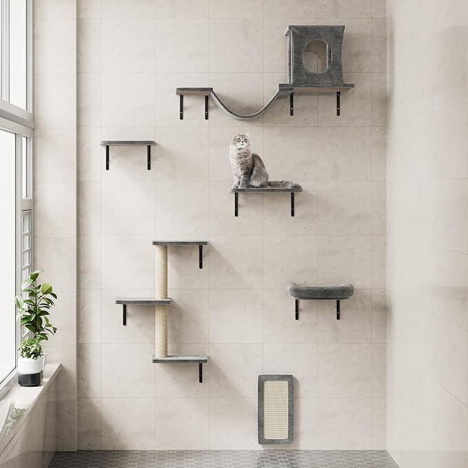 12-in-1 Cat Wall Shelves, Luxury Wall-Mounted Cat Climber Set | with Condos House, Scratching Post, Bridge Ladder, Indoor Space-Saving Furniture for Kittens, Dark Gray