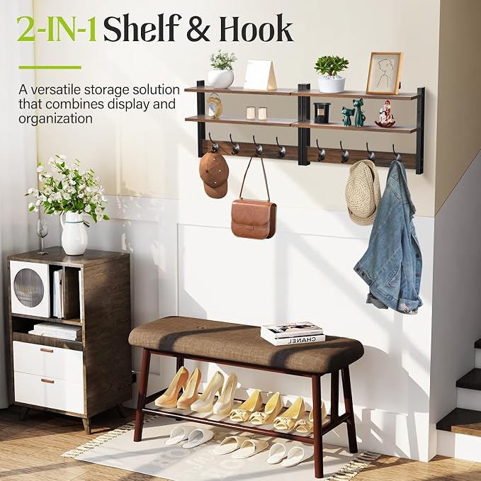 2 Tier Coat Rack Wall Mount with Shelf, 33" Wall Shelf with Hooks, Entryway Key Holder for Wall with 8 Heavy Duty Double Hooks, Coat Hook Wall Mounted for Bedroom, Living Room, Rustic Brown