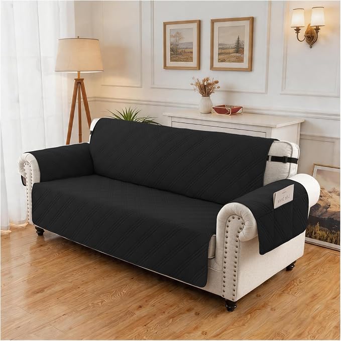 100% Waterproof Couch Cover for Dogs, Washable Anti-Slip Sofa Cover with Elastic Straps & Side Pockets, Quilted Furniture Protector for Kids & Pets (3 Cushion 68", Black)