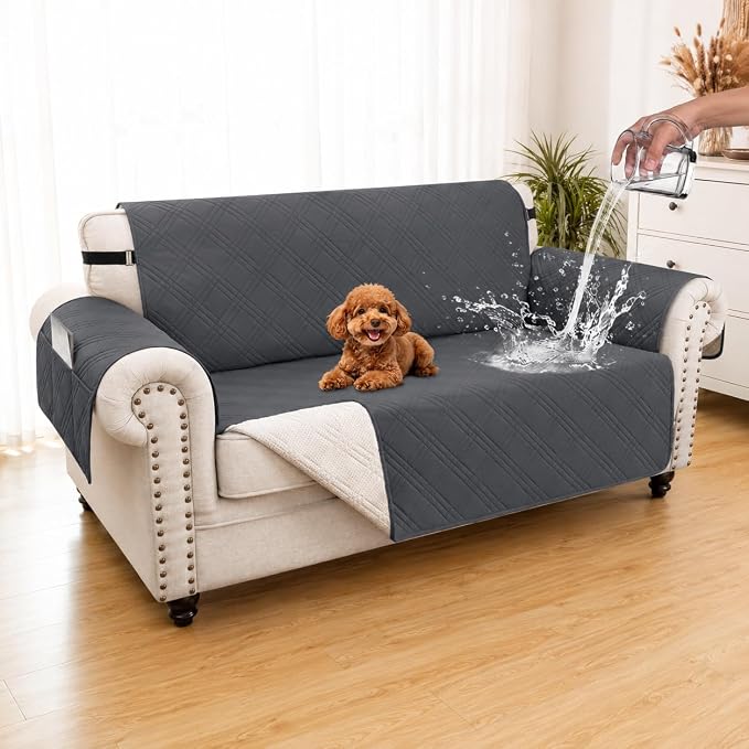 100% Waterproof Couch Cover for Dogs, Anti-Slip Washable Sofa Cover with Elastic Straps & Side Pockets, Durable Furniture Protector for Kids & Pets (Loveseat 46", Gray)