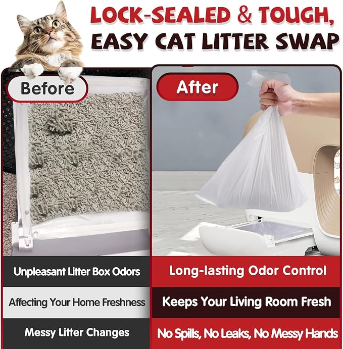 120 Pcs Self-Sealing Drawer Cat Litter Bags for Pet Snowy + Cat Litter Box | Pre-Punched Holes Anti-Shifting, Thickened & Wear-Resistant, Leakproof Secure Liner, Lock Litter Odor, Quick Install