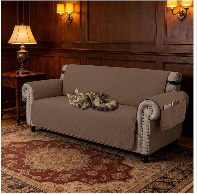 100% Waterproof Quilted Couch Cover,Straps&Pockets,78" Darkbrown | Washable sofa cover, pet-friendly, scratch-resistant furniture protector, quilted sofa cover, reversible, non-slip backing.