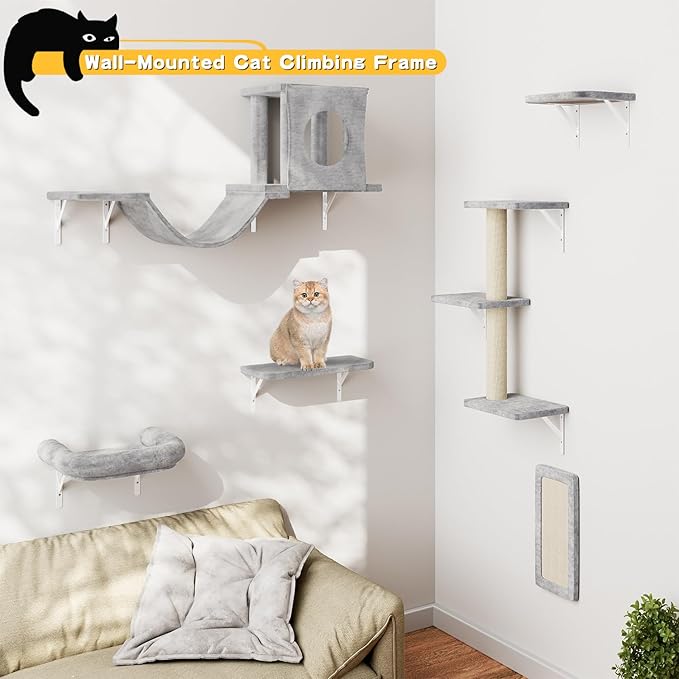 12-in-1 Cat Wall Shelves, Luxury Wall-Mounted Cat Climber Set | with Condos House, Scratching Post, Bridge Ladder, Indoor Space-Saving Furniture for Kittens .Gray