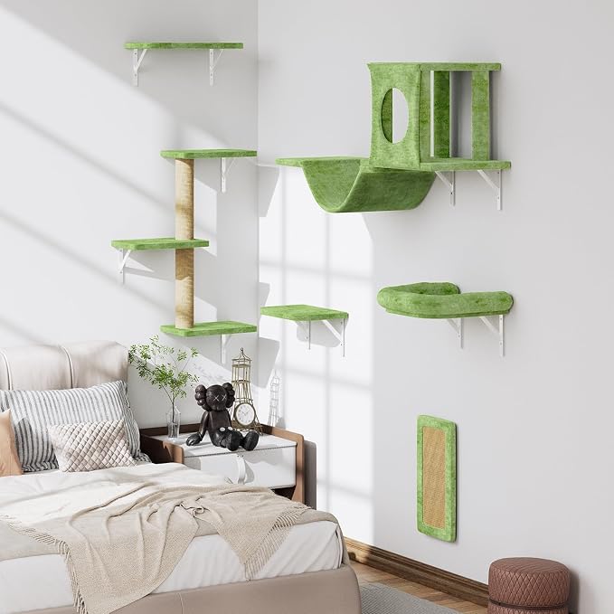 12-in-1 Cat Wall Shelves, Luxury Wall-Mounted Cat Climber Set | with Condos House, Scratching Post, Bridge Ladder, Indoor Space-Saving Furniture for Kittens, Green