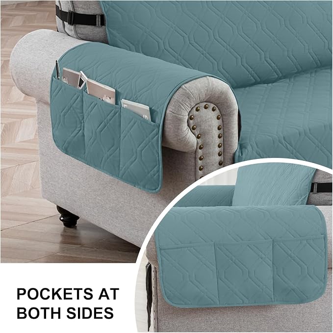 100% Waterproof Quilted Couch Cover,Straps&Pockets,68" Grayishblue | Washable sofa cover, pet-friendly, scratch-resistant furniture protector, quilted sofa cover, reversible, non-slip backing.