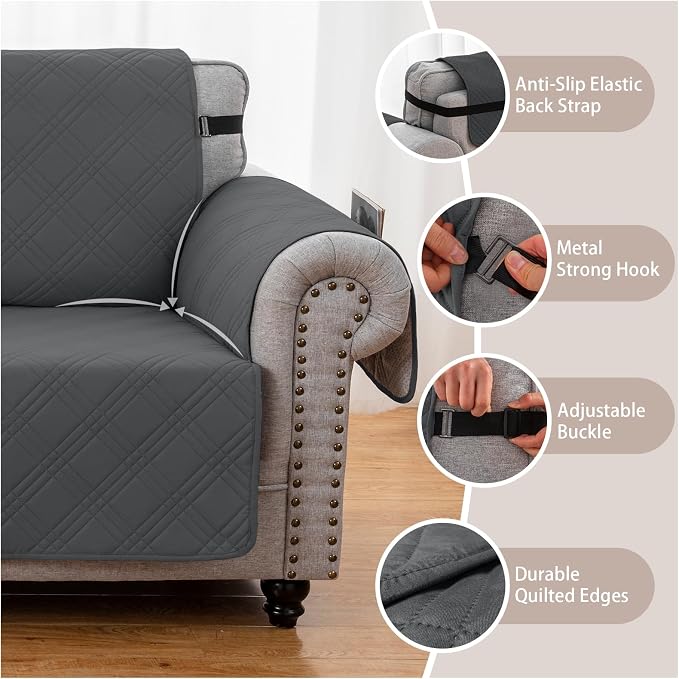 100% Waterproof Couch Cover for Dogs, Washable Anti-Slip Sofa Cover with Elastic Straps & Side Pockets, Quilted Furniture Protector for Kids & Pets (Oversize Sofa 78", Blackishgray)