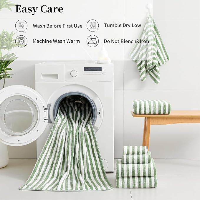 18-Piece Microfiber Bath Towels Set - 6 Bath Sheet, 6 Hand Towels, 6 Washcloths, Soft, Highly Absorbent Bathroom Towel, Quick Dry & Less Lint Shower towel for Bathroom, Hotel, Spa, Dorm-Light Green