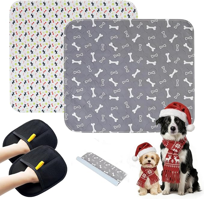 2PC Puppy Pee Pads with Pheromones, Washable Puppy Training Pads for Dogs Reusable Puppy Potty Pads for Dogs and Cats(with Pet Hair Removal Gloves)