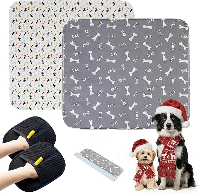 2PC Puppy Pee Pads with Pheromones, Washable Puppy Training Pads for Dogs Reusable Puppy Potty Pads for Dogs and Cats(with Pet Hair Removal Gloves)