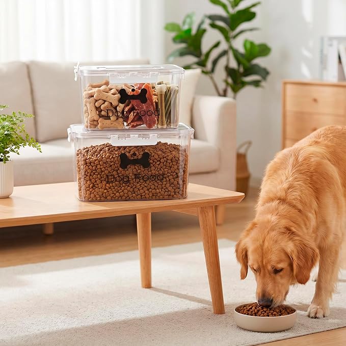 2-Piece Dog Food Container with Handle, Combined 15 Lbs Airtight Pet Food Treat Bin for Dogs Cats, Large Capacity Kibble Container for Kitchen Counter,Stackable and Keep Food Fresh