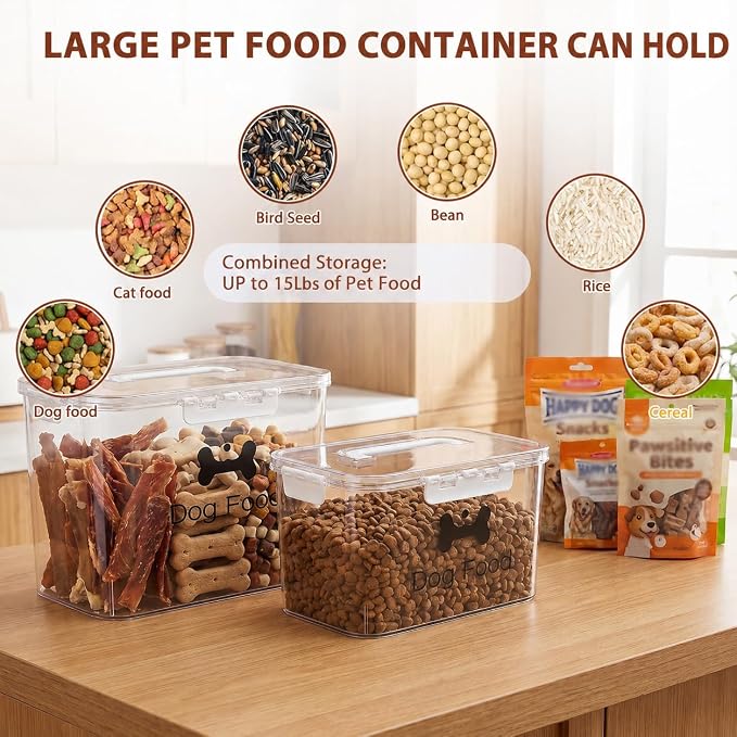 2-Piece Dog Food Container with Handle, Combined 15 Lbs Airtight Pet Food Treat Bin for Dogs Cats, Large Capacity Kibble Container for Kitchen Counter,Stackable and Keep Food Fresh