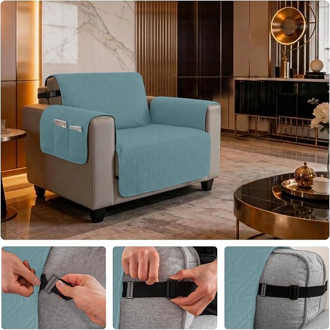 100% Waterproof Quilted Couch Cover,Straps&Pockets,23" Grayishblue | Washable sofa cover, pet-friendly, scratch-resistant furniture protector, quilted sofa cover, reversible, non-slip backing.