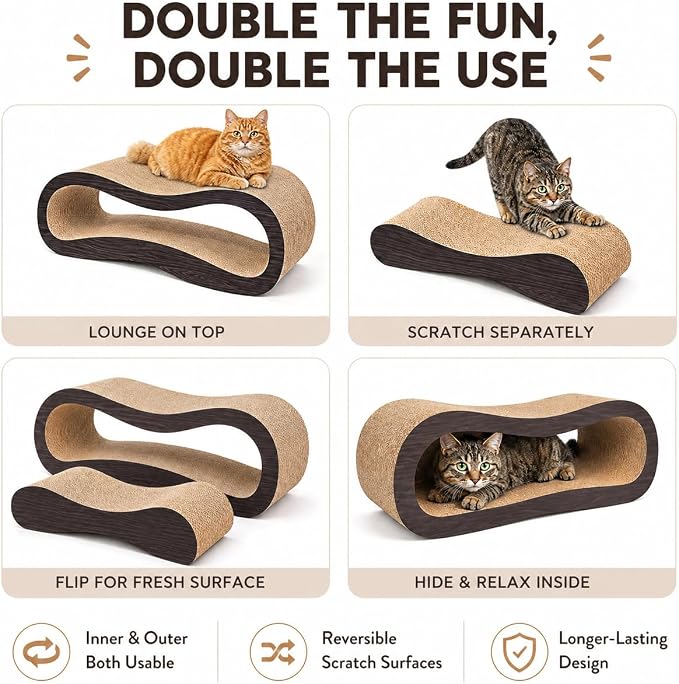 2 in 1 Cat Scratcher Cardboard Lounge Bed, Cat Scratching Post, Durable Board Pads Prevents Furniture Damage,Large,Brown