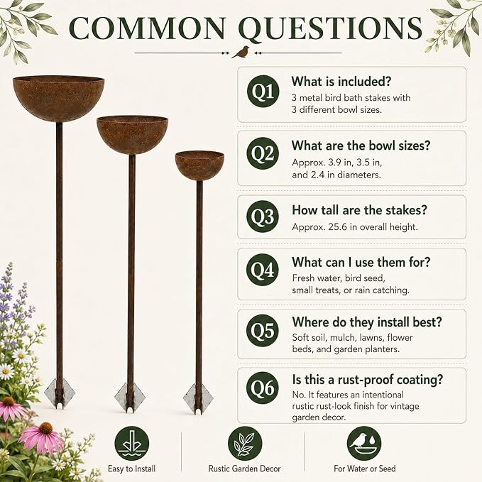 3 Pack Rustic Metal Bird Bath Stake Set for Outdoors, Garden Bird Bath Bowls with Ground Stakes, Bird Feeder Rain Catcher Wildlife Water Station for Birds, Bees & Butterflies