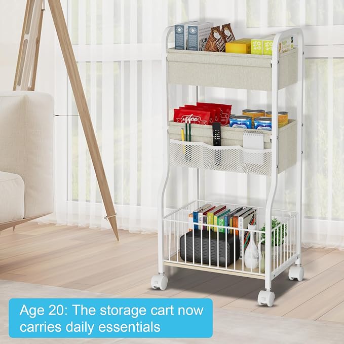 3-tier Baby Diaper Caddy Organizer and Storage Cart with 4+3 Dividers, Metal Utility Cart with Lockable Wheels for Nursery, Bedroom, Bathroom, White