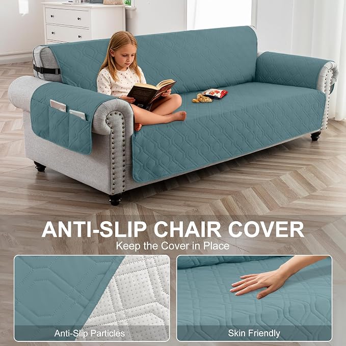 100% Waterproof Quilted Couch Cover,Straps&Pockets,78" Grayishblue | Washable sofa cover, pet-friendly, scratch-resistant furniture protector, quilted sofa cover, reversible, non-slip backing.