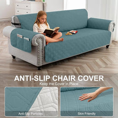 100% Waterproof Quilted Couch Cover,Straps&Pockets,78" Grayishblue | Washable sofa cover, pet-friendly, scratch-resistant furniture protector, quilted sofa cover, reversible, non-slip backing.