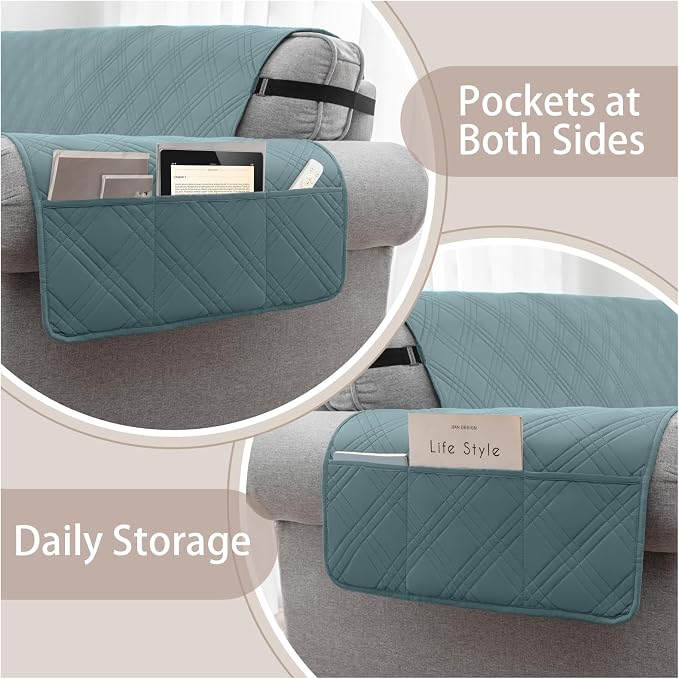 100% Waterproof Couch Cover for Dogs, Anti-Slip Washable Sofa Cover with Elastic Straps & Side Pockets, Durable Furniture Protector for Kids & Pets (Loveseat 46", Grayishblue)