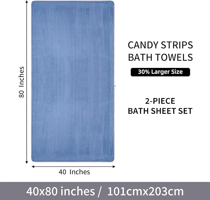 2 Piece Bath Sheets, 40"x80" Microfiber Bath Towels, Blue | Extra-large size, Quick dry, Highly Absorbent, Lint Free .shower towels for bathroom gym spa .Big and Tall users