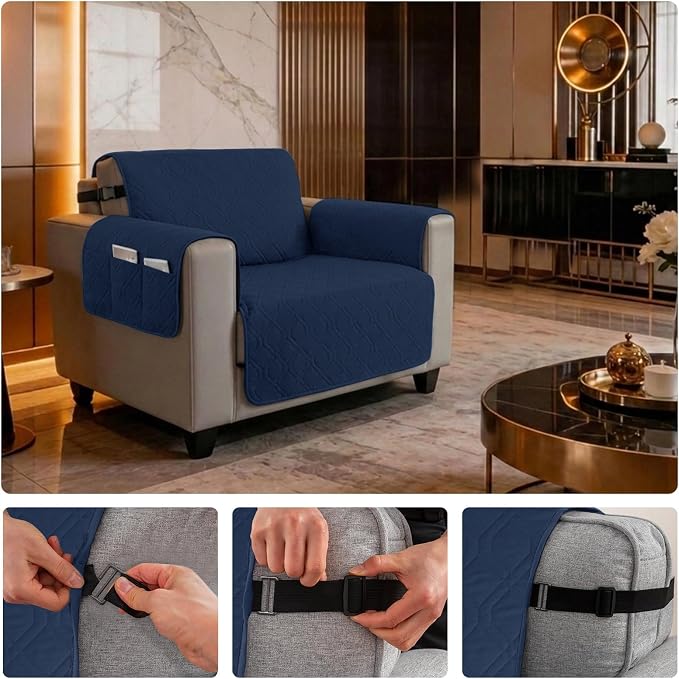 100% Waterproof Quilted Couch Cover,Straps&Pockets,23" Navyblue | Washable sofa cover, pet-friendly, scratch-resistant furniture protector, quilted sofa cover, reversible, non-slip backing.