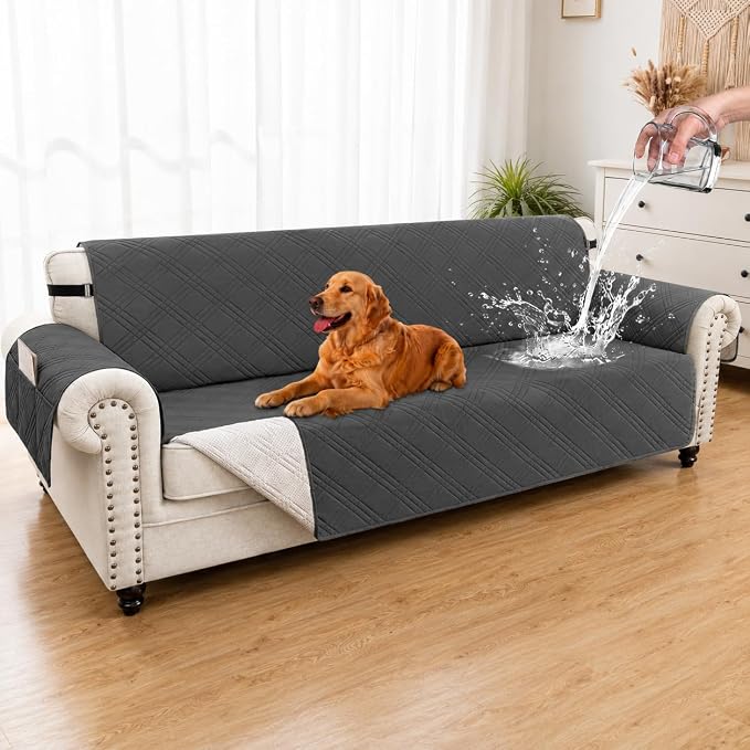 100% Waterproof Couch Cover for Dogs, Washable Anti-Slip Sofa Cover with Elastic Straps & Side Pockets, Quilted Furniture Protector for Kids & Pets (Oversize Sofa 78", Dark Grey)