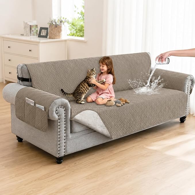 100% Waterproof Couch Cover,Straps&Pockets,pet Friendly,78" Camel | Washable sofa cover, pet-friendly, scratch-resistant furniture protector, quilted sofa cover, reversible, non-slip backing.