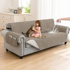 100% Waterproof Couch Cover,Straps&Pockets,pet Friendly,78" Camel | Washable sofa cover, pet-friendly, scratch-resistant furniture protector, quilted sofa cover, reversible, non-slip backing.
