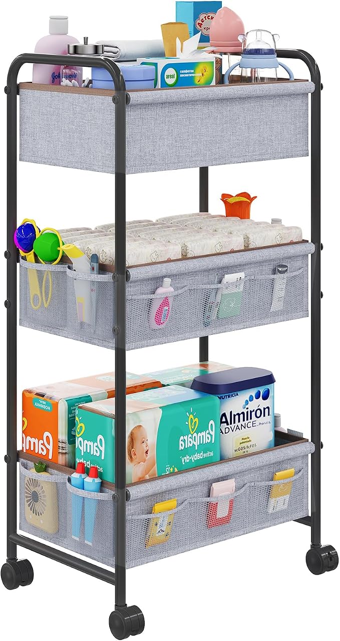 3-Tier Baby Diaper Caddy Cart Organizer with 2 Dividers & 14 Mesh Pockets - Black Mobile Nursery Storage Cart with Wheels, Durable Metal Utility Cart for Nursery, Bedroom, Baby Essentials Organization
