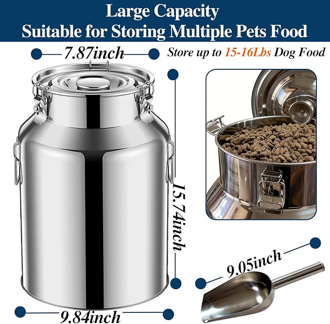 15 Lbs Stainless Steel Dog Food Storage Container with Scoop, Large Metal Dog Food Bin with Airtight Lid & Locking Clamp, Pet Food Container for Dogs & Cats, Keep Fresh, Easy to Clean