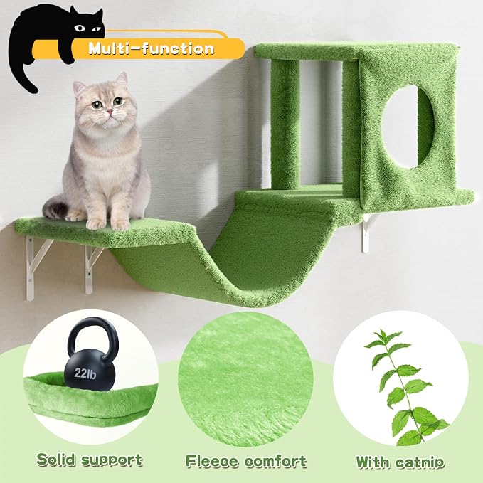 12-in-1 Cat Wall Shelves, Luxury Wall-Mounted Cat Climber Set | with Condos House, Scratching Post, Bridge Ladder, Indoor Space-Saving Furniture for Kittens, Green