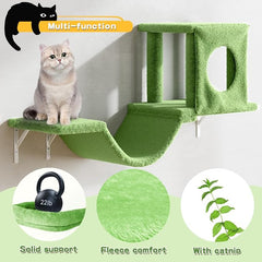 12-in-1 Cat Wall Shelves, Luxury Wall-Mounted Cat Climber Set | with Condos House, Scratching Post, Bridge Ladder, Indoor Space-Saving Furniture for Kittens, Green