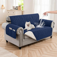100% Waterproof Quilted Couch Cover,Straps&Pockets,46" Navyblue | Washable sofa cover, pet-friendly, scratch-resistant furniture protector, quilted sofa cover, reversible, non-slip backing.