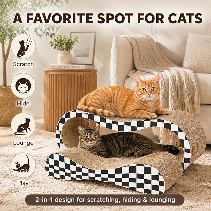 2 in 1 Large Cardboard Cat Scratcher Lounger, Cat Scratching Board for Indoor Cats, 100% Recyclable & Reversible Horizontal Scratching Pads Prevents Furniture Damage, Checkerboard